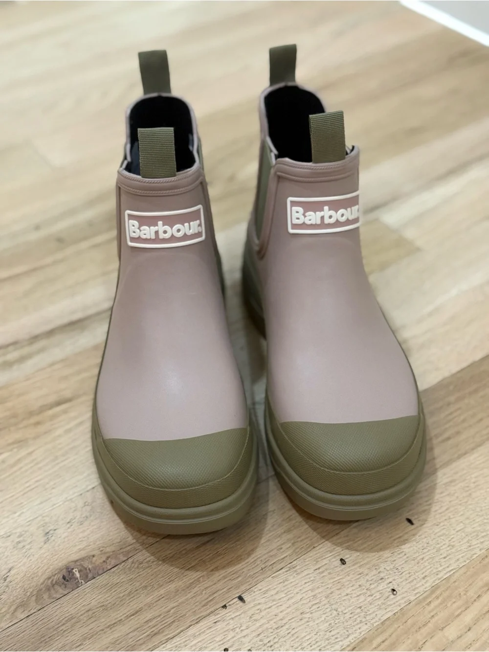 Barbour Pink and Olive Green Chelsea Rain Boots